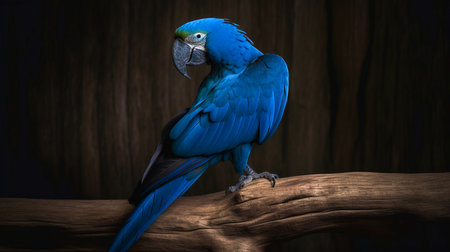 Blue macaw sitting on a branch with dark background, vintage toneの素材