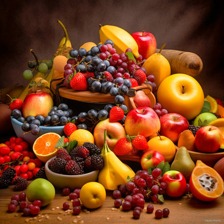 Composition of fresh fruits and berries on wooden table. Balanced dietの素材