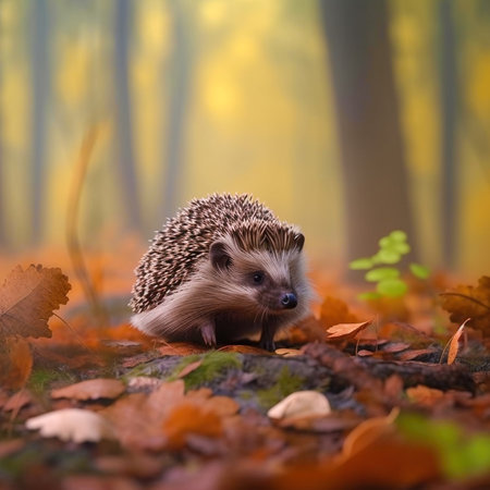 Hedgehog in the autumn forest. Wild animals in nature.の素材