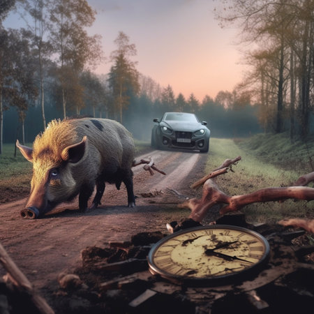 Old pocket watch and wild boar on the road in the forestの素材