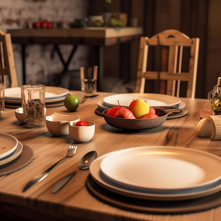 Table setting for dinner in vintage style. Wooden table with cutlery, plates and apples.の素材