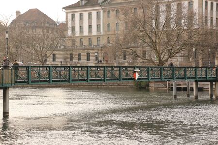 Pedestrian bridge over the river Limmat in the center of Zurichの写真素材
