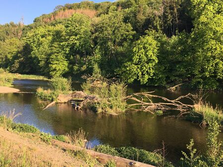 View of the renatured Ruhr near Wickede in the Ruhr valley