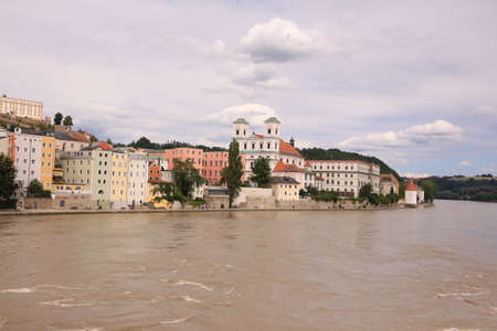 View over the River Inn to the old town of Passau in Lower Bavariaの写真素材