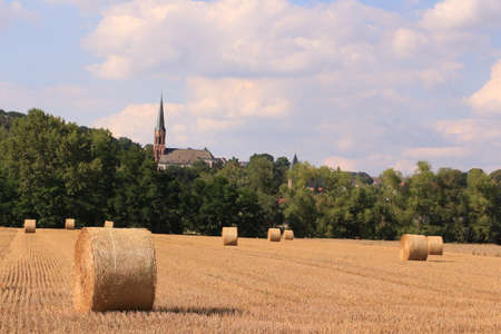 View from Menden over the Ruhr valley to the town of FrÃ¶ndenberg with the Catholic Church of St....
