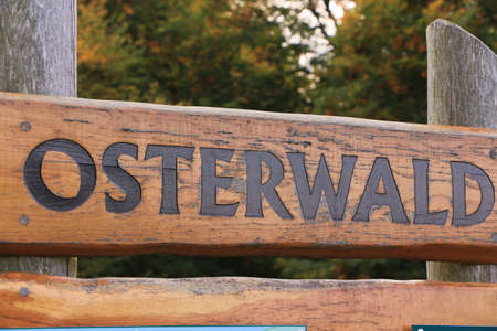 Wooden sign with the inscription "Osterwald" near Zingst on the Baltic Seaの写真素材