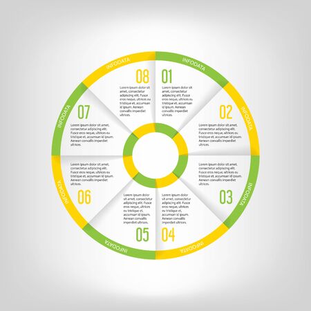 Infographic circle banner. Template for graph, report, presentation, data visualisation, cycling diagram, round chart, number options, web design. 8 steps vector background. Green and yellow colors.のイラスト素材