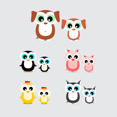 set of cute cartoon animals like hen, chicken, dog, puppy, cat, kitten, pig, piglet and penguin with child isolated on light backgroundのイラスト素材
