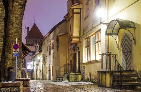 Scenic view of the evening street in the Old Town in Tallinn, Estoniaの写真素材