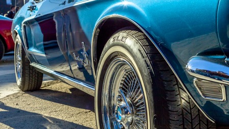 TALLINN, ESTONIA - MARCH 6, 2017: Blue Chevrolet Corvair from bottom side at Car Moto Show Exhibition in Tallinn, Estonia with summer sunny weatherのeditorial素材