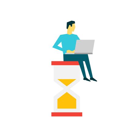 Businessman with laptop sitting on a big hourglass. Time management conceptのイラスト素材