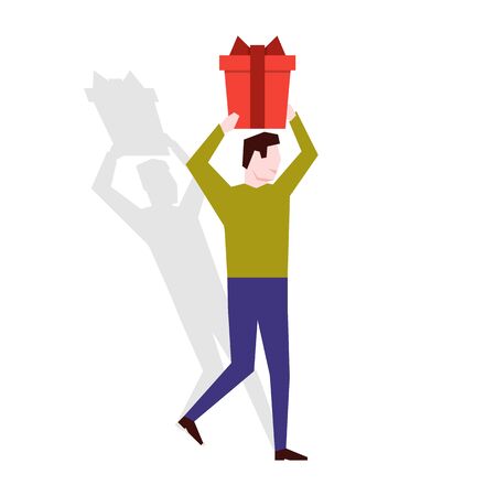 Man holding a gift box over his head. Vector illustrationのイラスト素材