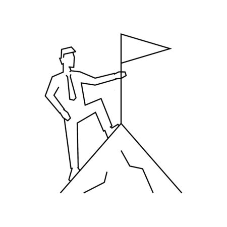 Businessman on the top of mountain on white background. Editable strokeのイラスト素材