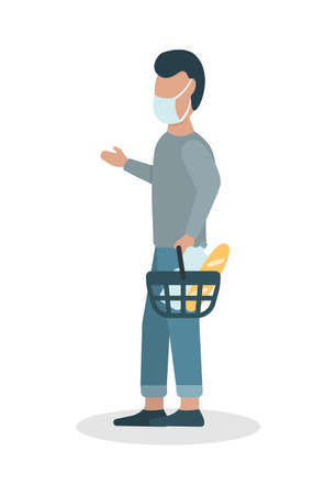 Man in a face mask with a basket with foodのイラスト素材