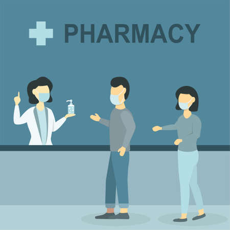 People in medical masks in the pharmacyのイラスト素材