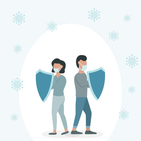 People with shield and face masks protection from coronavirusのイラスト素材