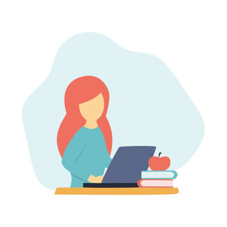 Girl studying or working on laptopのイラスト素材