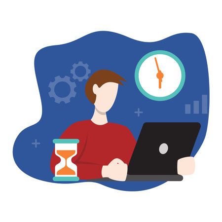 Man working on a laptop at the end of the working dayのイラスト素材