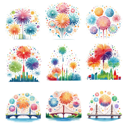 Clipart set of colorful fireworks and cityscape vector illustrations isolated on white background.のイラスト素材