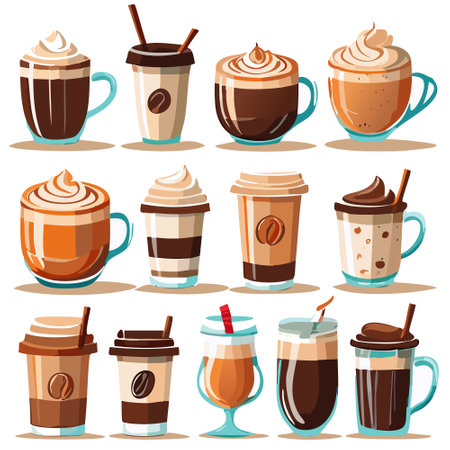 Coffee cups and mugs clipart set. Vector illustration in cartoon styleのイラスト素材