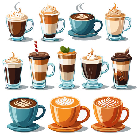 Coffee cups with latte, cappuccino, latte macchiato, coffee mocha assortment clipart icon.のイラスト素材