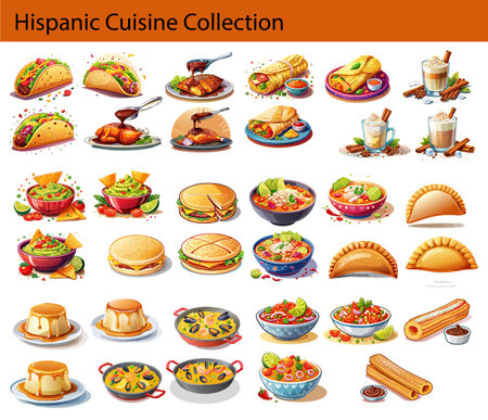 Vector illustration of a set of different dishes and appetizers of Hispanic cuisine icons clip art.のイラスト素材