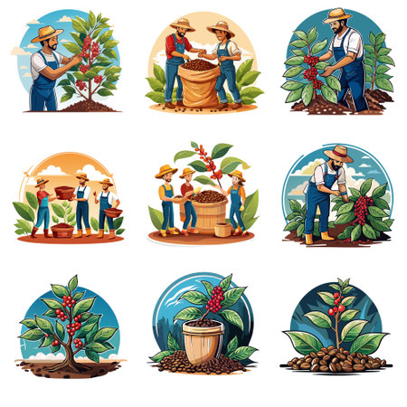 Farmers harvesting coffee beans icons set. Cartoon set of coffee farm vector clip art.のイラスト素材
