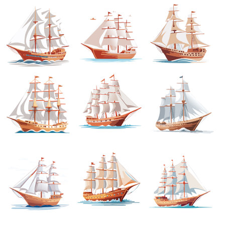 Set of ships with sails isolated on white background. Sailing ship on open waters vector illustration.のイラスト素材