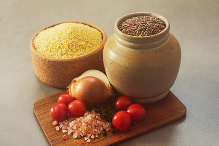 Superfood, groats & seeds, a healthy mix for a healthy lifestyle on stone neutral backgroundの写真素材