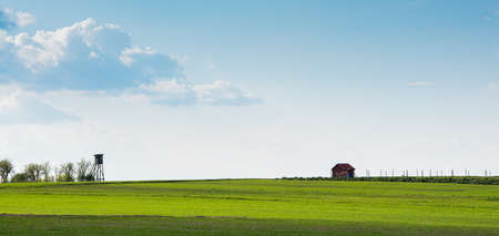 Wooden Hunters High Seat hunting tower on the green agriculture field.の写真素材