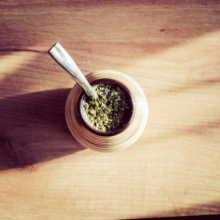 Yerba mate in ceramic matero, bombilla.の写真素材