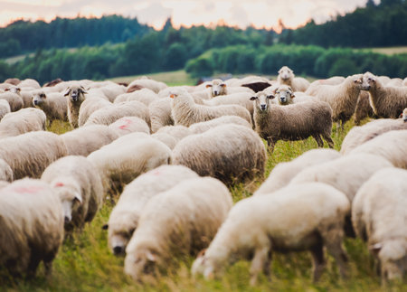 Herd of sheep on beautiful mountain meadow.の写真素材