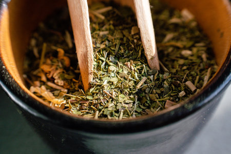 Ilex paraguariensis, Yerba Mate Green tea leaves macro shot.の写真素材