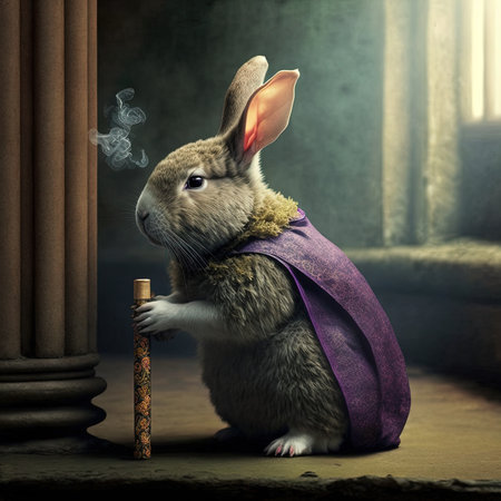 Rabbit with purple cape and smoking pipe in a dark room.の素材