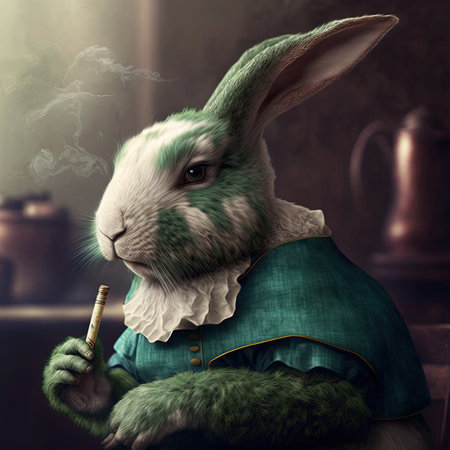 Rabbit in a green dress smoking a cigarette. retro styles.の素材