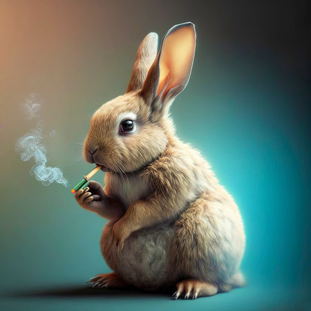 Easter bunny with a cigarette on a blue background. Easter theme.の素材