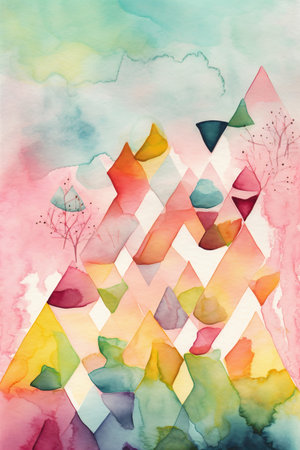 Abstract watercolor background with triangles and trees. Hand-drawn illustration.の素材