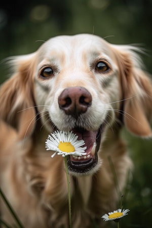 Portrait of a golden retriever with a daisy flower in the mouthの素材
