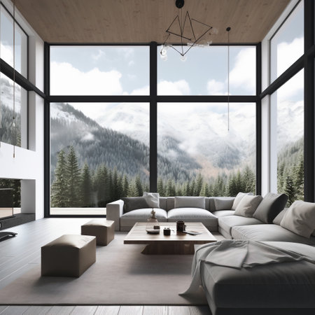 Modern living room interior with panoramic window and mountain view. 3D Renderingの素材