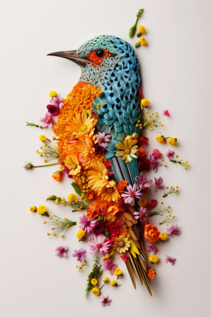 Colorful flowers and bird made of plasticine on a white backgroundの素材