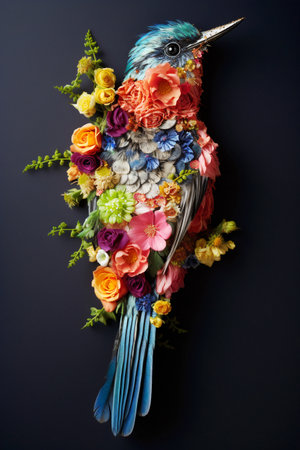 Bouquet of colorful flowers and birds on a black background.の素材