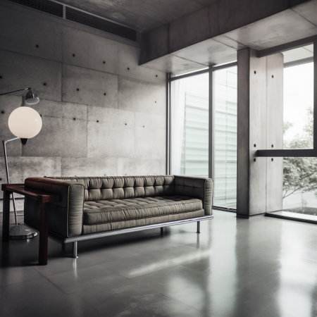 Interior of modern living room with gray walls, concrete floor, comfortable brown sofa and coffee table. 3d renderingの素材