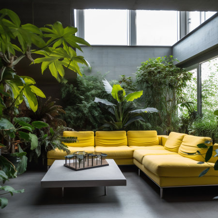 Interior of modern living room with yellow sofas and plantsの素材
