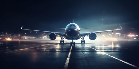 Airplane in airport at night. mixed media. mixed media. mixed mediaの素材