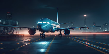 Airplane in the airport at night. 3D rendering. mixed mediaの素材