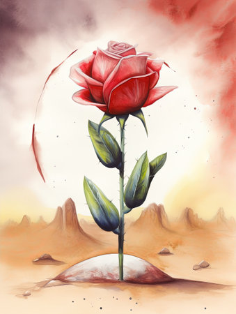 Illustration of a red rose against the background of the desert.の素材