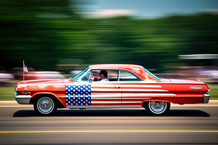 American vintage car with american flag on the roof. Blurred motion.の素材
