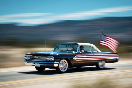 Vintage american car with american flag in motion blur.の素材
