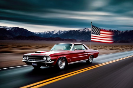 American muscle car driving on highway with USA flag in the background.の素材