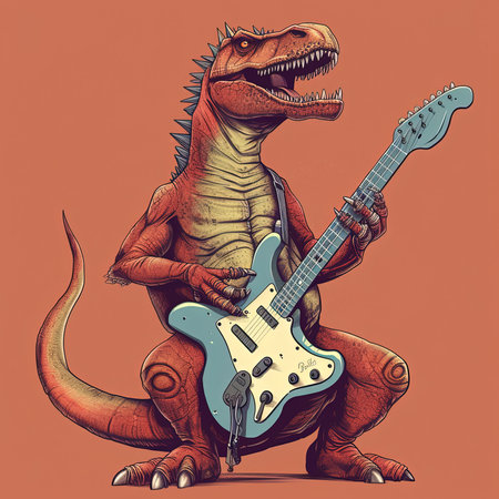 T-rex with a bass guitar. Retro style vector illustration.の素材